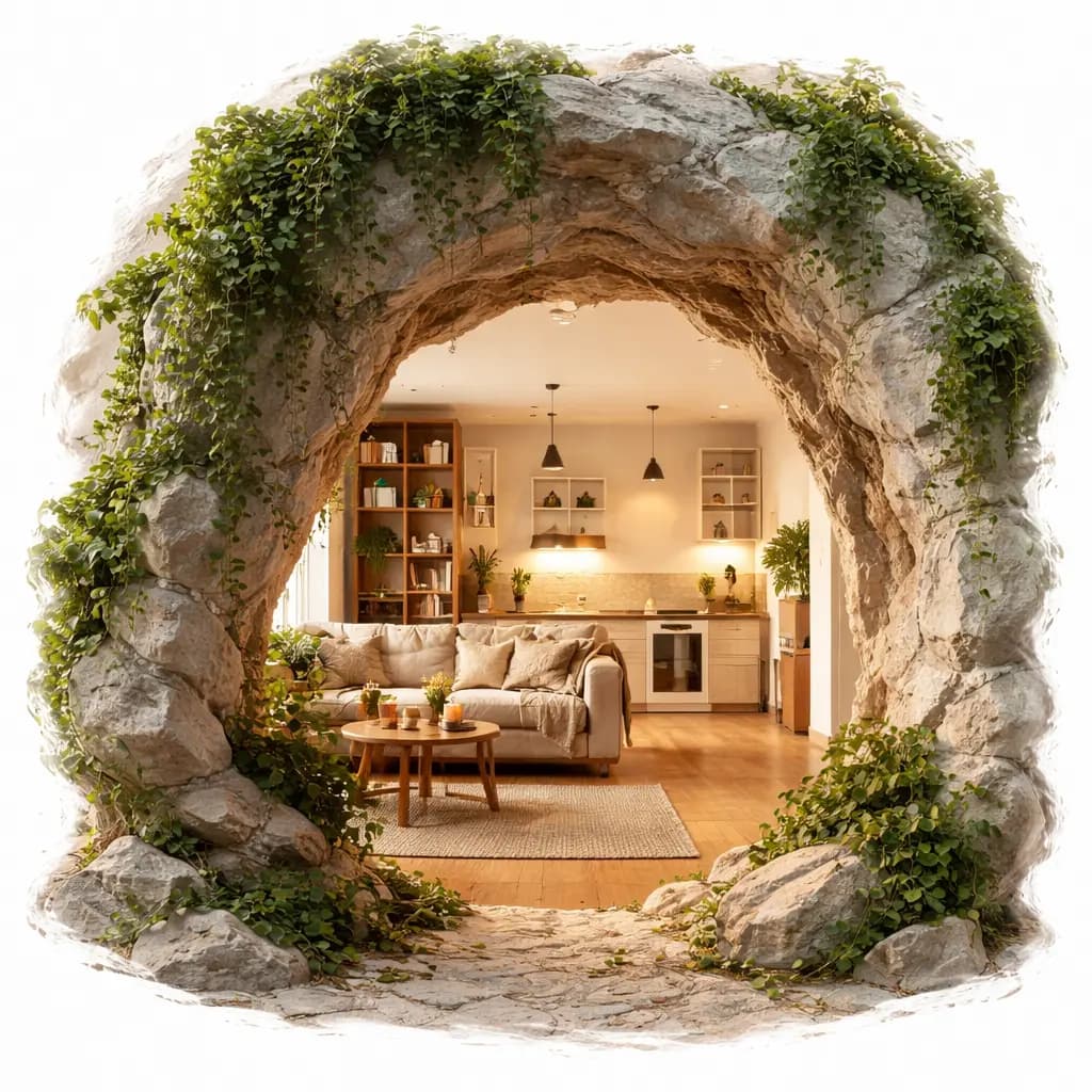 Уютный интерьер через каменную арку